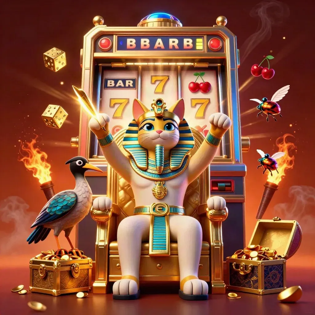 Pharaoh cat, ibis, scarabs, and slot bursts in a gold casino splash scene.