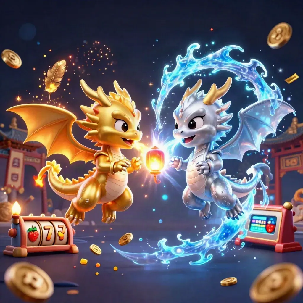 Gold and silver dragons spiral with fire and ice, ringed by casino symbols, coins, sparks, and temple glow.