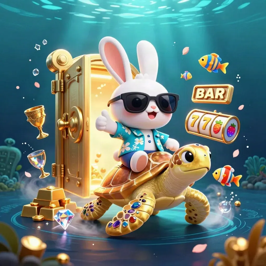 Lucky rabbit rides a golden sea turtle through treasure, gems, reels, and glowing underwater light.