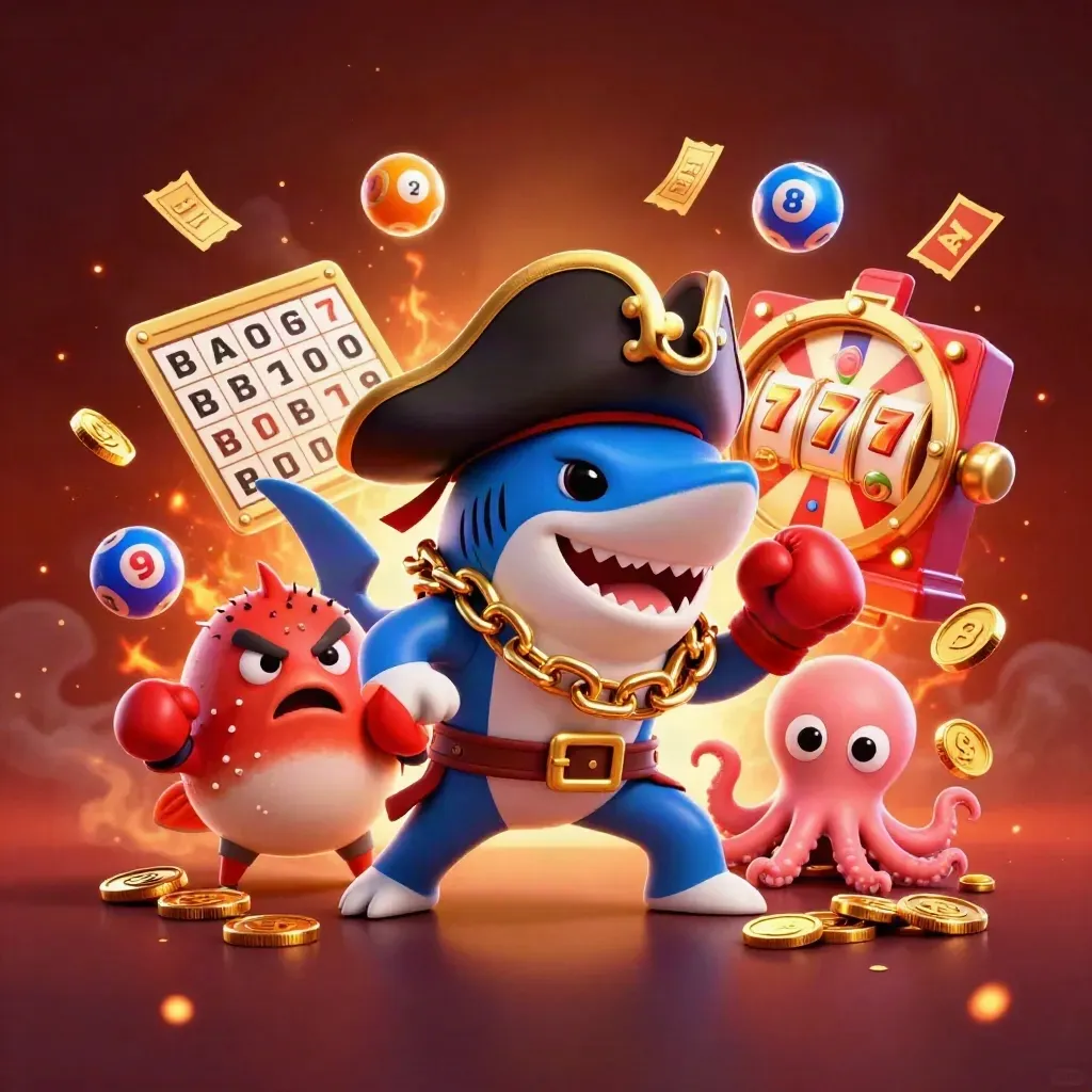 Pirate shark, boxing pufferfish and juggling octopus burst amid coins, reels and jackpot glow.