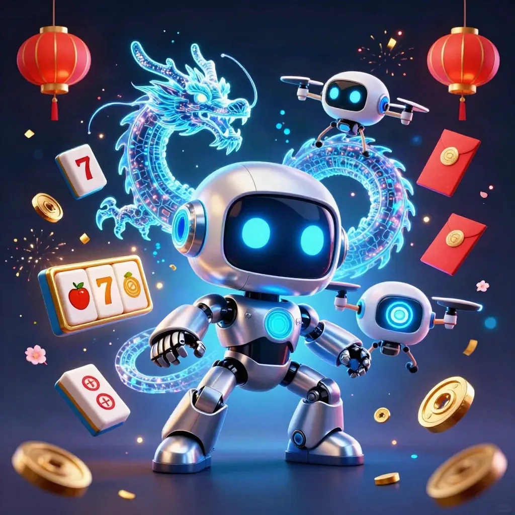 Cyberpunk robot, holographic dragon and coin drone amid casino bursts and glowing blue-gold effects