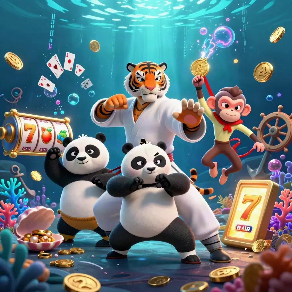 Tiger, panda, and monkey kung-fu heroes in a neon underwater casino cove.