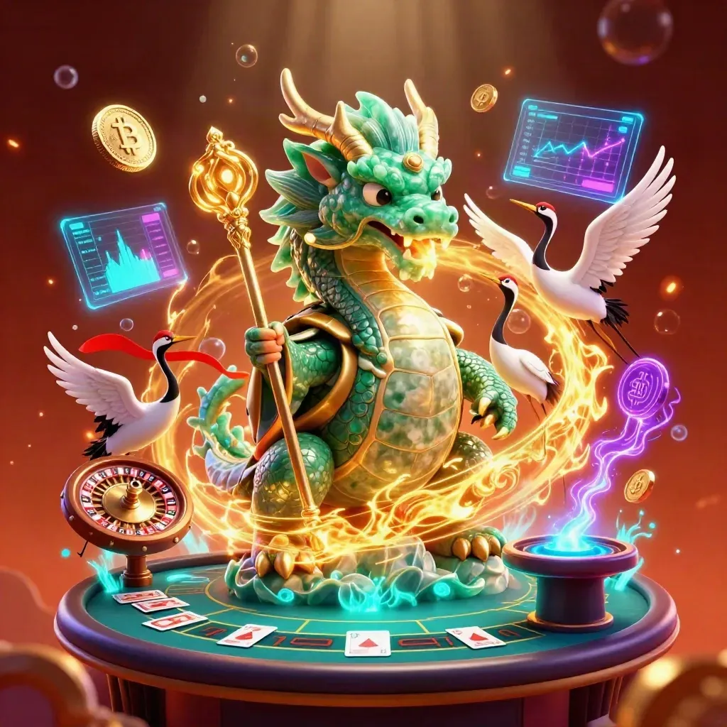 Emerald dragon, turtle sage, and cranes amid casino coins, fire, and neon cashout effects.