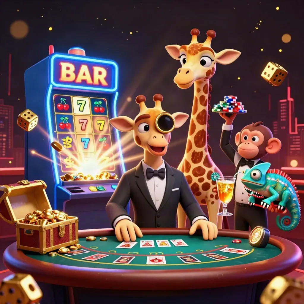 Trio of casino cartoon characters amid jackpots, chips, dice, and gold in a neon-lit splash scene.