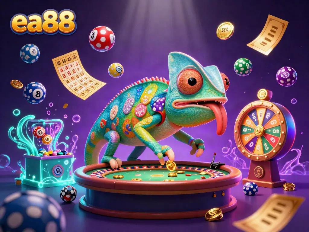 Experience the excitement of ea88 with a vibrant casino scene featuring a playful chameleon and dynamic gaming elements.