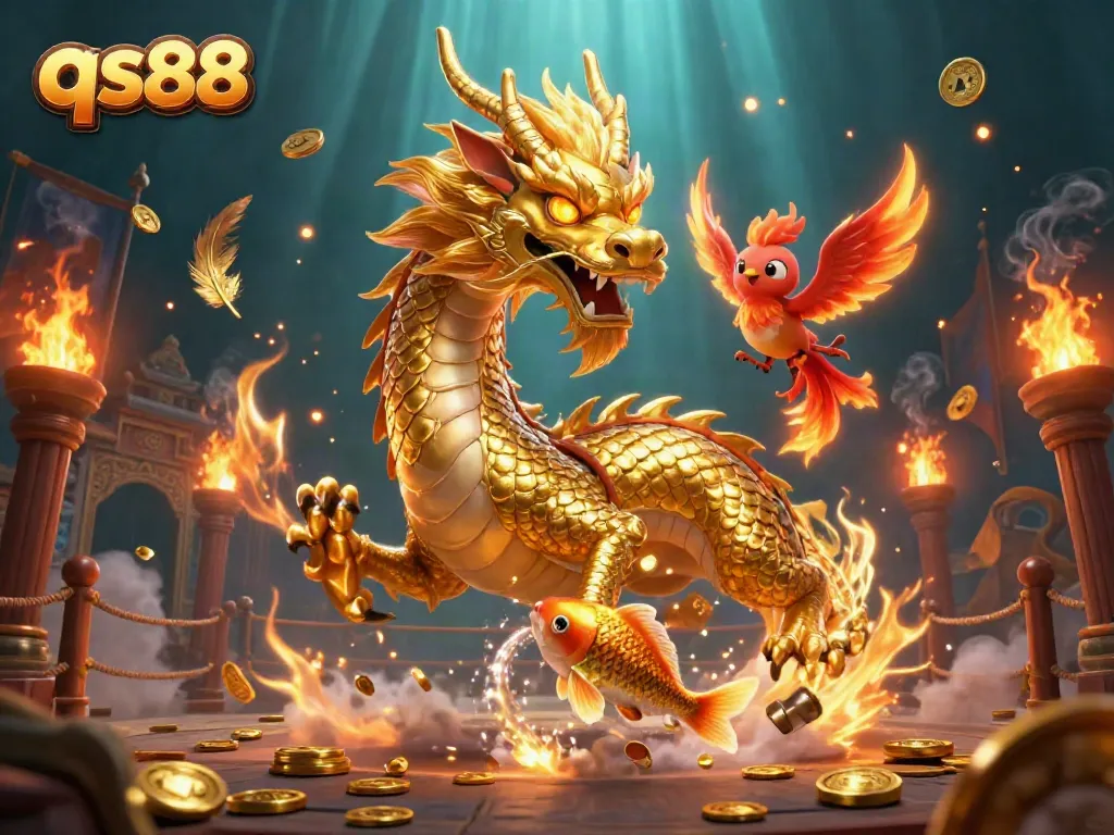 Experience thrilling gameplay at qs88 with a dragon, phoenix, and koi fish illustration.