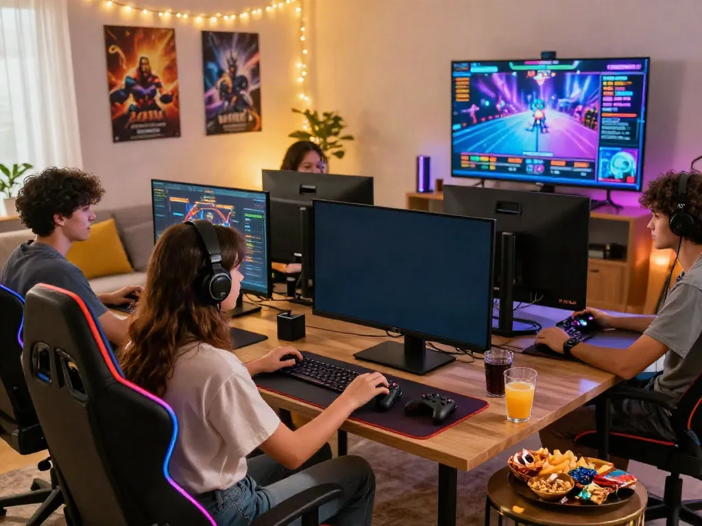 Interactive gaming scene showcasing DA88's online casino experience with friends in a cozy living room.
