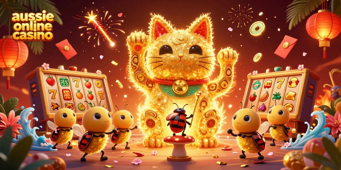 Engage with the vibrant aussie online casino scene featuring a lucky cat and golden fireflies.
