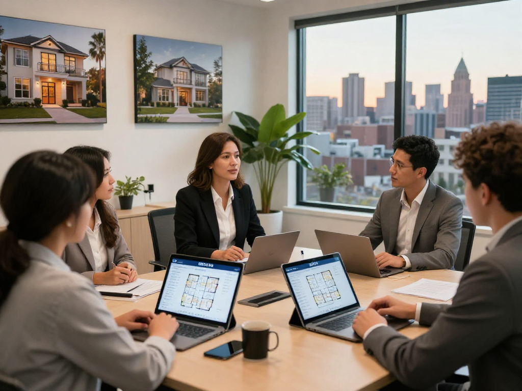Real estate agent presenting IDXSTAR listings in a modern office environment.