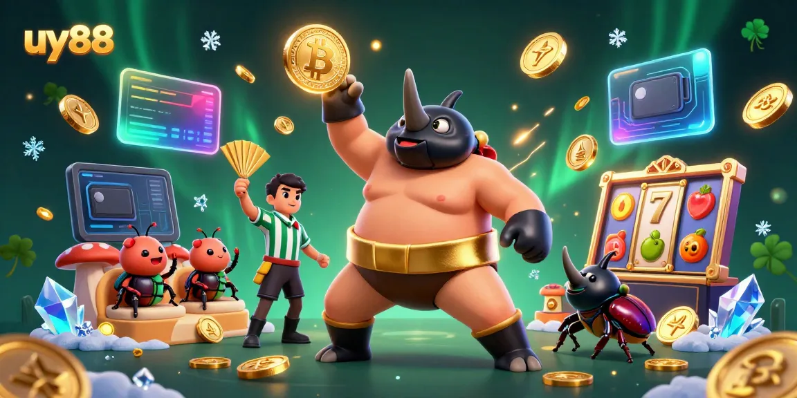 Experience thrilling gameplay at uy88 as a rhinoceros beetle sumo champion crushes coins in this animated casino scene.