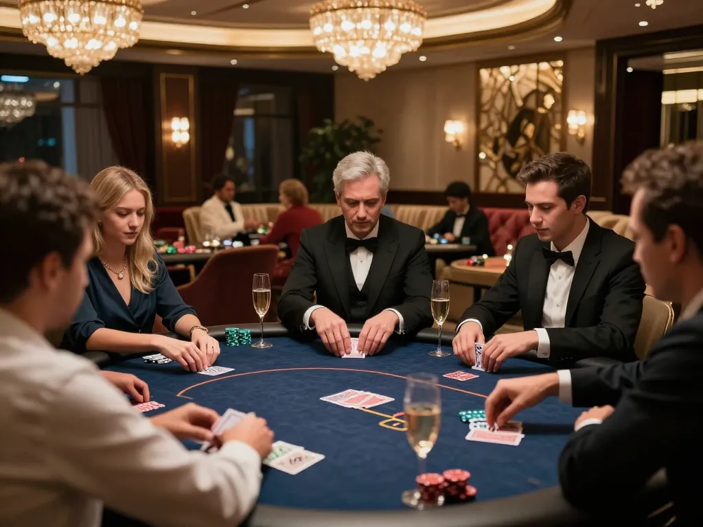 High-stakes poker action at a luxurious lounge, highlighting the thrill and strategy of play at https://mm88.se.net/.