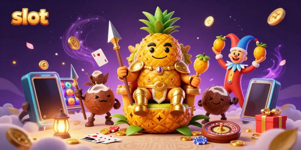 Spinning slot reels and winning golden coins erupt within a vibrant beach casino scene, embodying excitement.