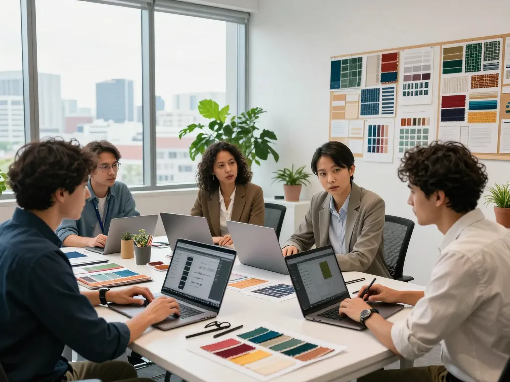 Sunwin's innovative textile team collaborating in a modern workspace with design tools and sustainable decor.