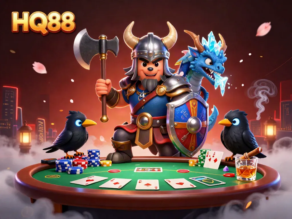 Engage in thrilling bets at HQ88 with a Viking warrior and dragon at a dynamic poker table.