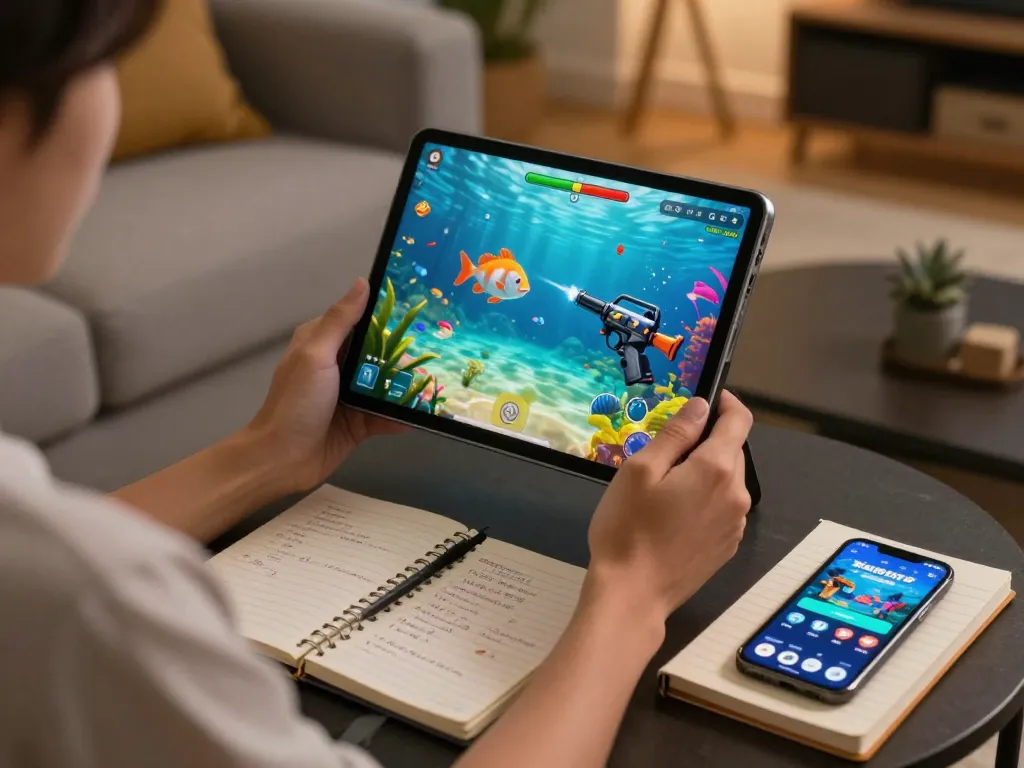 Bắn cá đổi thưởng gameplay on tablet with vibrant underwater scene and cozy atmosphere.
