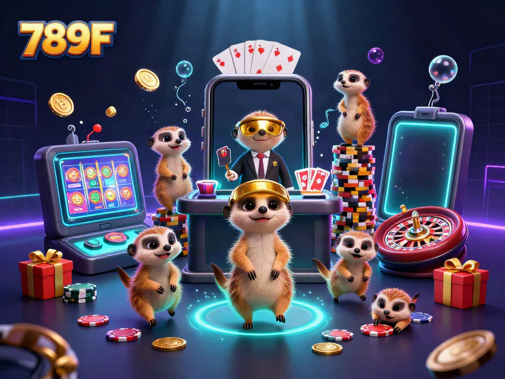 Experience the exciting world of 789F's casino operations with meerkat dealers and colorful slot games.