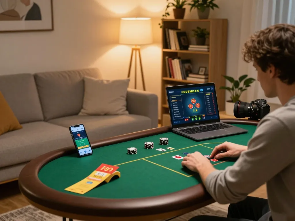 58win user engaging in online gaming with a laptop and smartphone in a cozy living room.