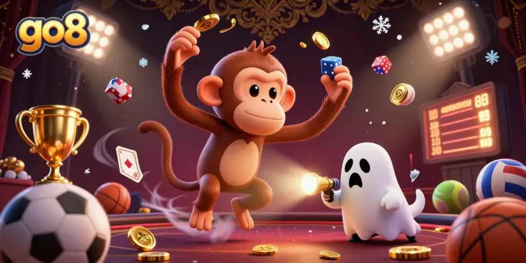 Win big at go8 with a ghost-hunter chasing a mischievous monkey juggling casino treasures.