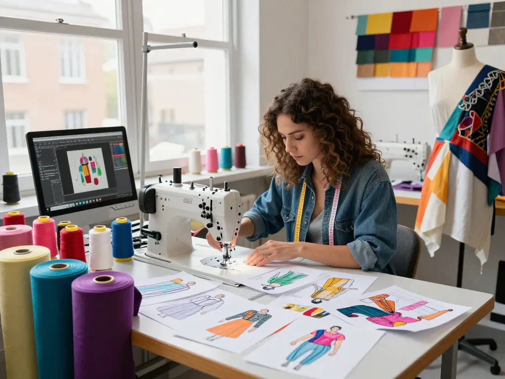 Sunwin textile designer crafting designs in a vibrant workspace filled with fabric rolls and sketches.