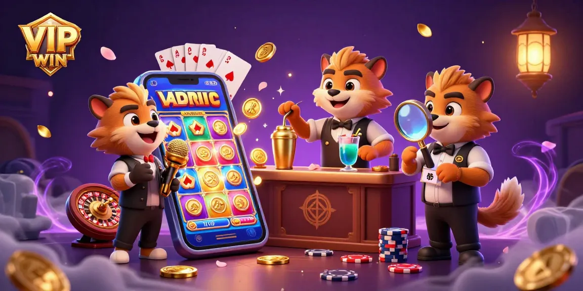 Experience the vibrant comedy casino atmosphere at VIPWIN, where hyenas entertain as a comedian and bartender amidst dynamic gaming elements.