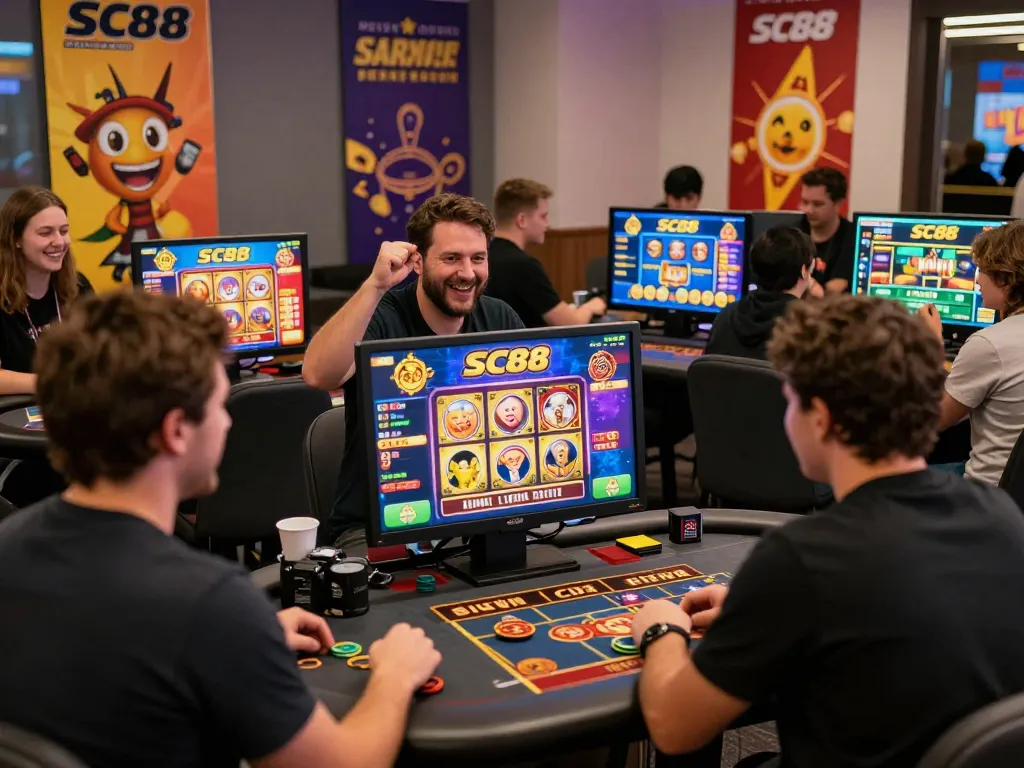 Players engaging with SC88 online gaming platform, showcasing excitement in a modern gambling lounge.