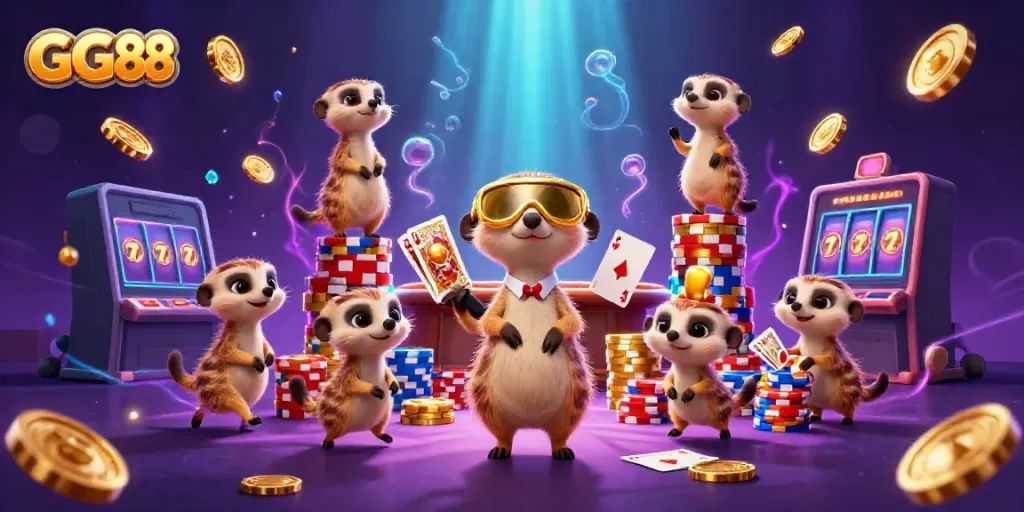 Experience the excitement of GG88 casino with lively meerkats managing a vibrant gaming scene.