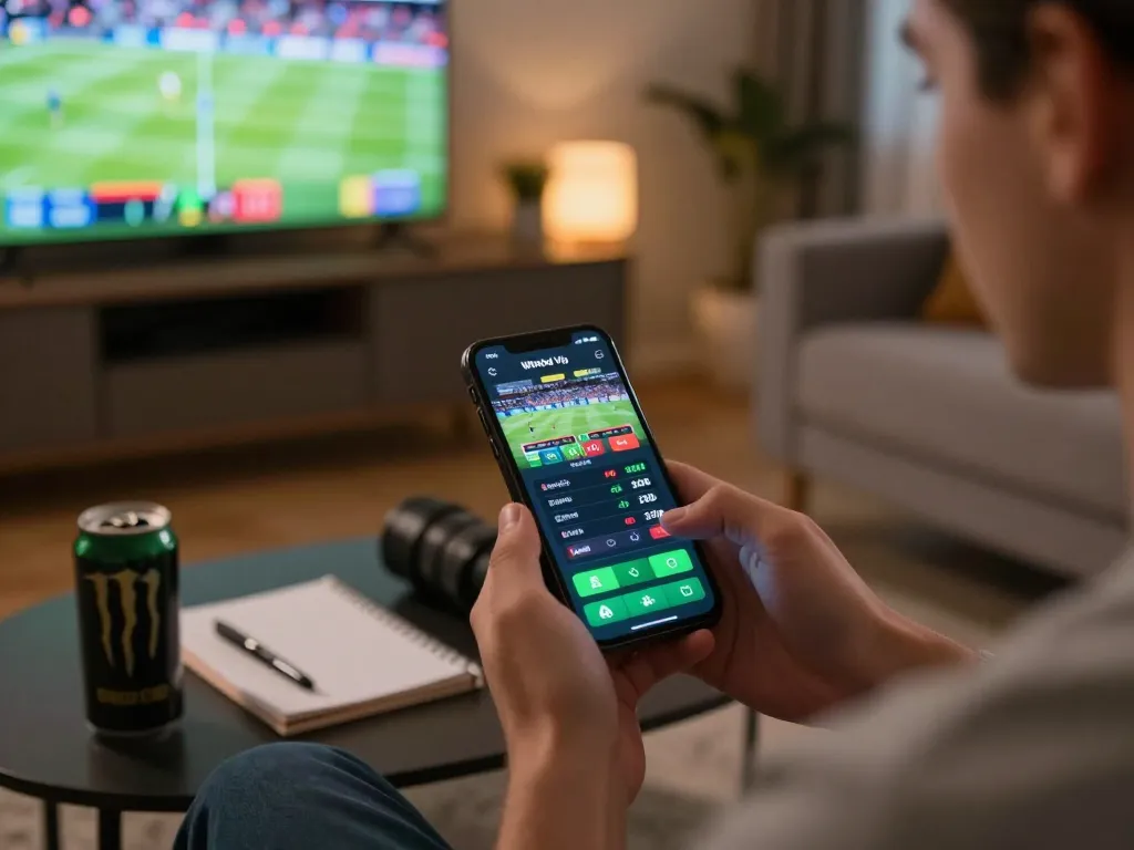 Engaging with Winbd Vip app for live sports betting in a cozy setting.