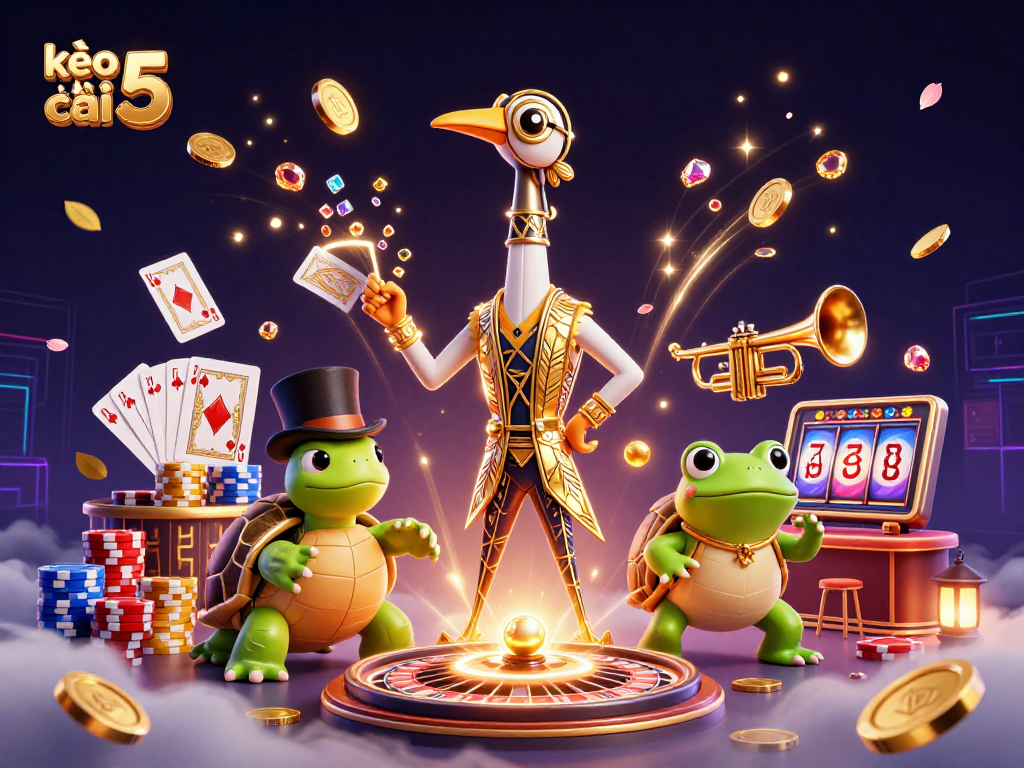 Experience kèo nhà cái 5 with vibrant casino art, featuring a lively scene of iconic characters and dynamic game elements.
