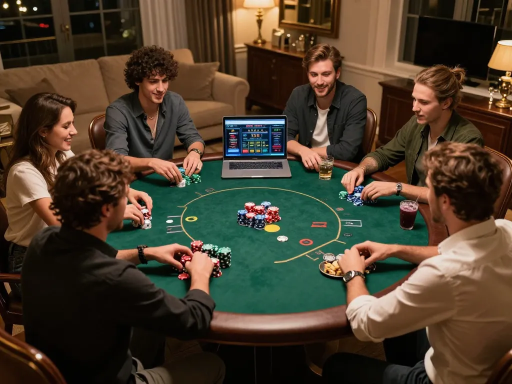 Engaged friends playing poker online with qh88go, showcasing intense gameplay and high-stakes chips.