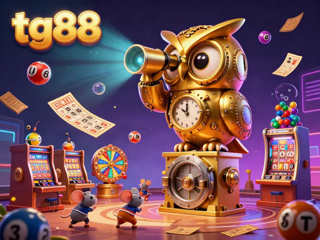 Engage with tg88's dynamic casino scene featuring an owl, mice patrons, and lottery excitement.