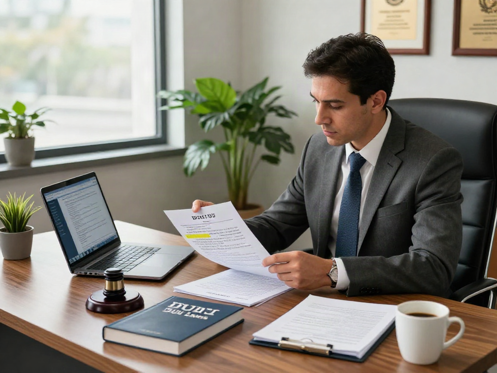 DUI probation drug test Forsyth County Georgia scene, attorney reviewing case files in a modern law office.