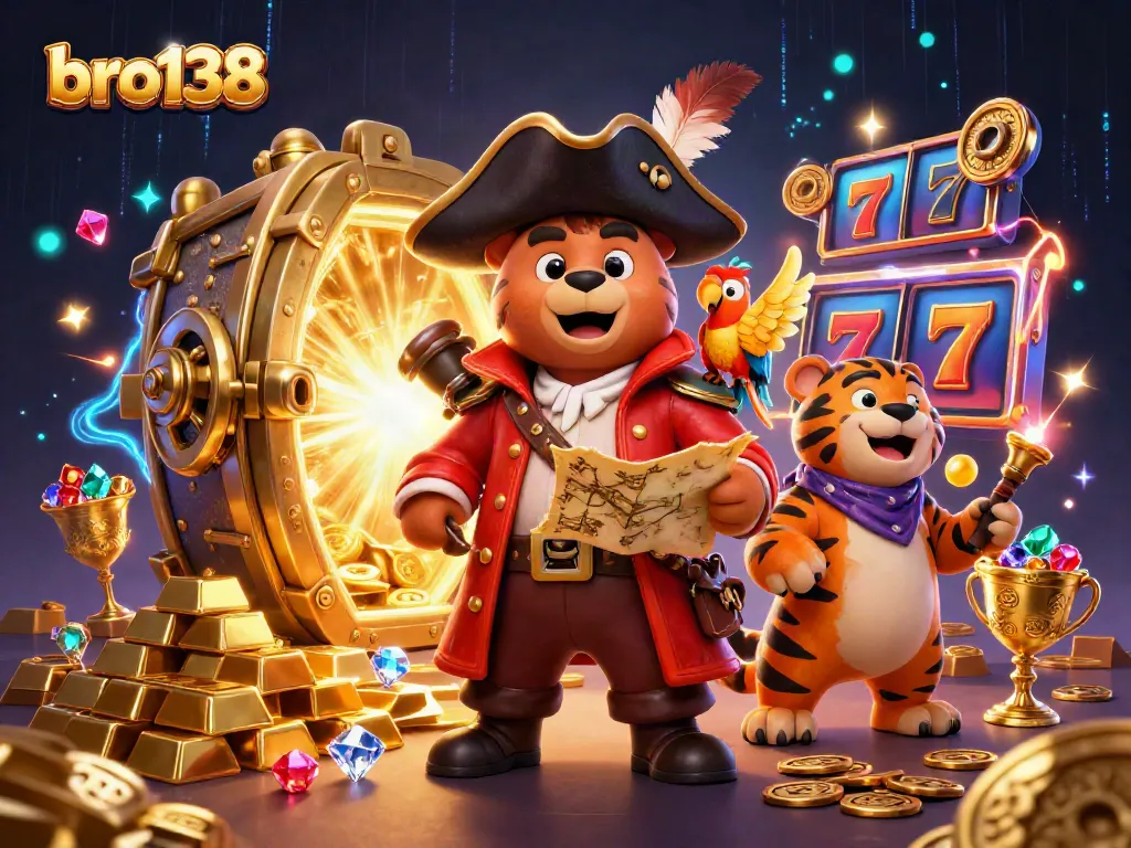Experience the jackpot excitement at bro138 with a dynamic pirate scene featuring treasure and slot reels.