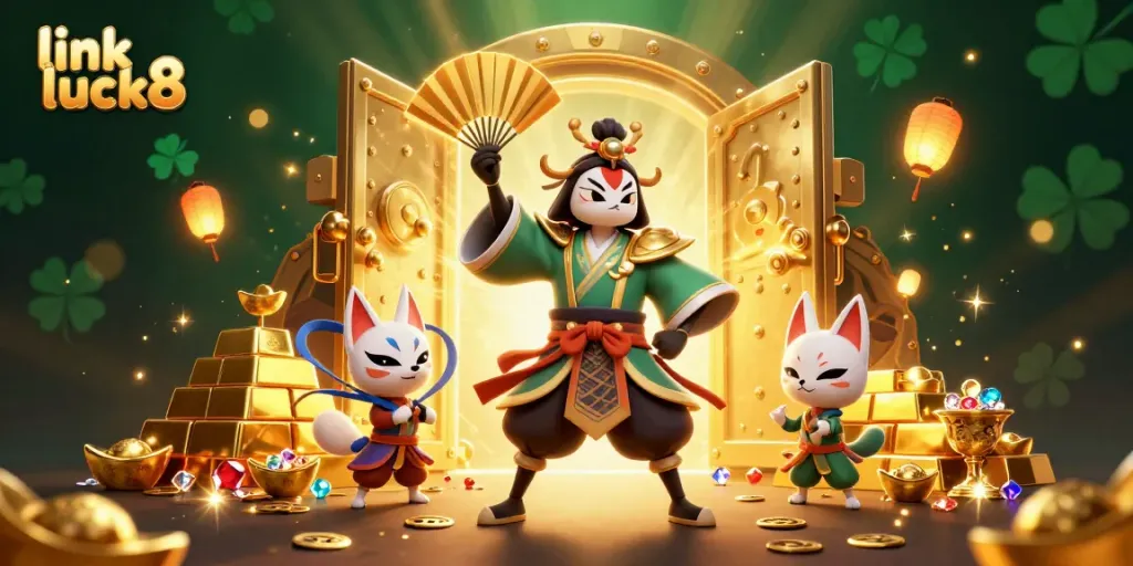 Spin for treasure with link luck8 in this vibrant 3D illustration of a kabuki warrior and kitsune.