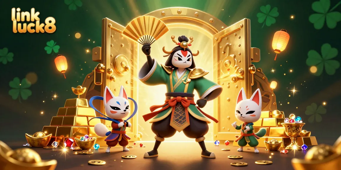 Spin for treasure with link luck8 in this vibrant 3D illustration of a kabuki warrior and kitsune.