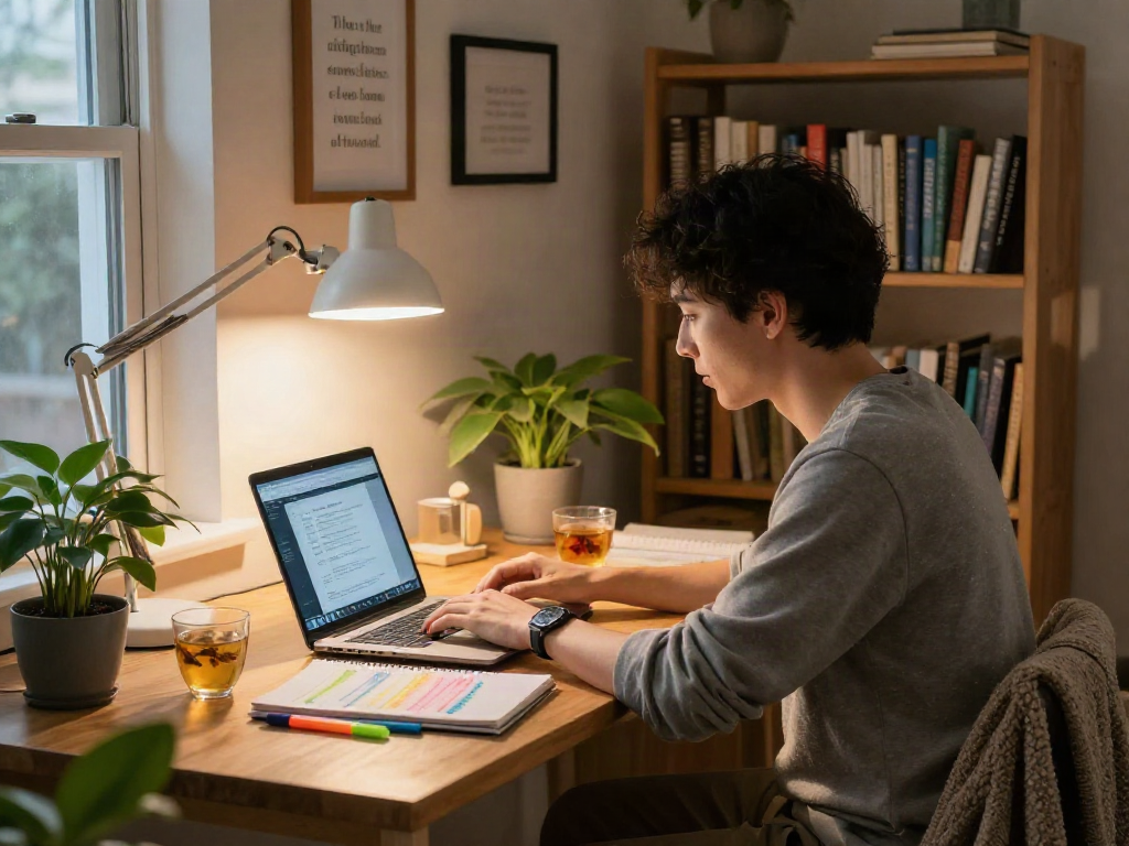 Engaging home office scene for ia +18 online learning with cozy atmosphere and educational materials