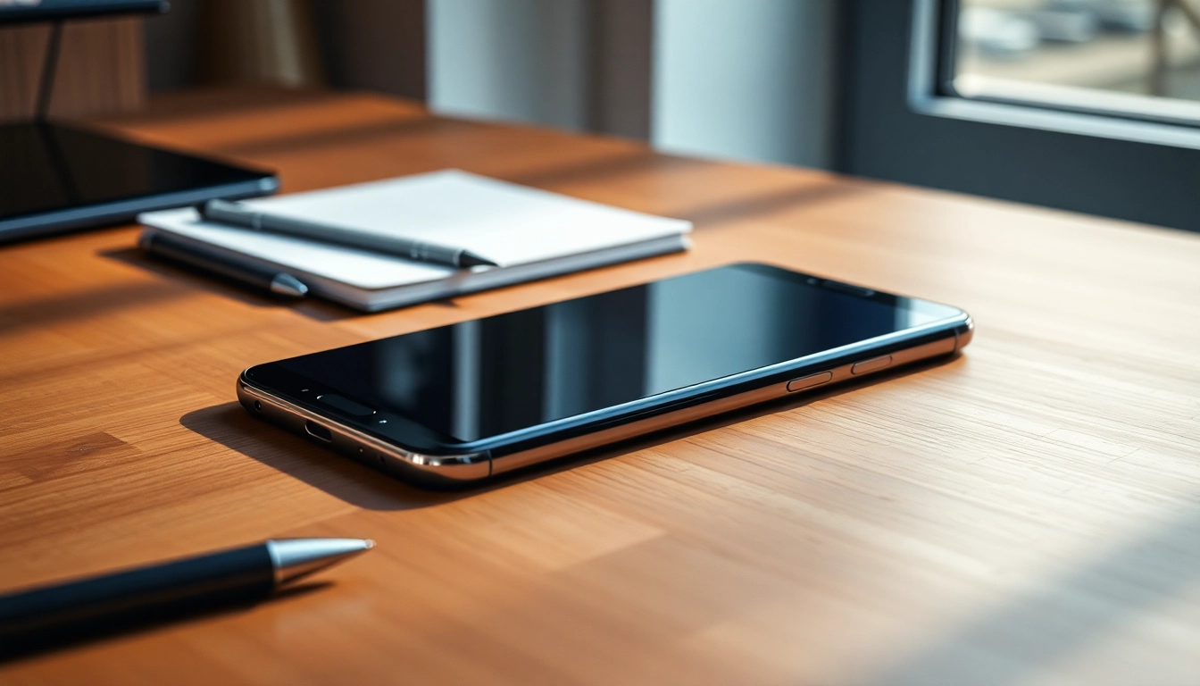 S8 smartphone on a modern desk, showcasing sleek design and vibrant display.