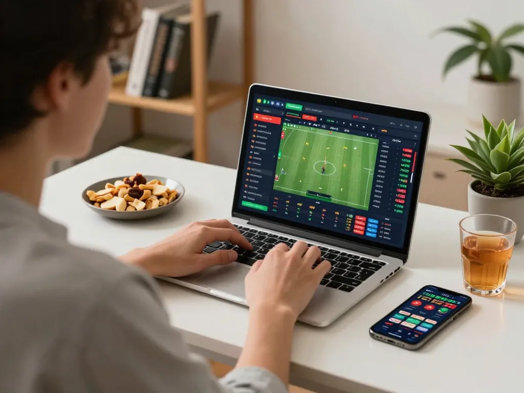 Engaged bettor using keo-nha-cai-vn website on laptop, surrounded by strategy notes and snacks.