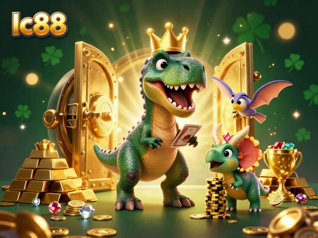 Experience the excitement at lc88 with a scene featuring a T-Rex playing cards and a triceratops stacking chips.