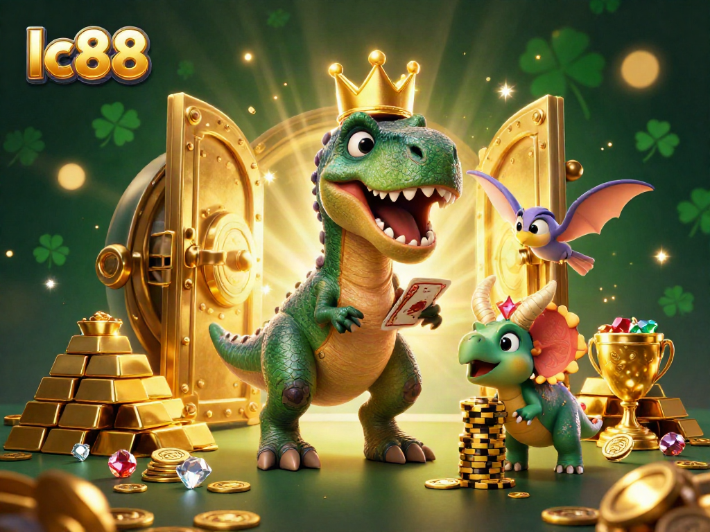 Experience the excitement at lc88 with a scene featuring a T-Rex playing cards and a triceratops stacking chips.