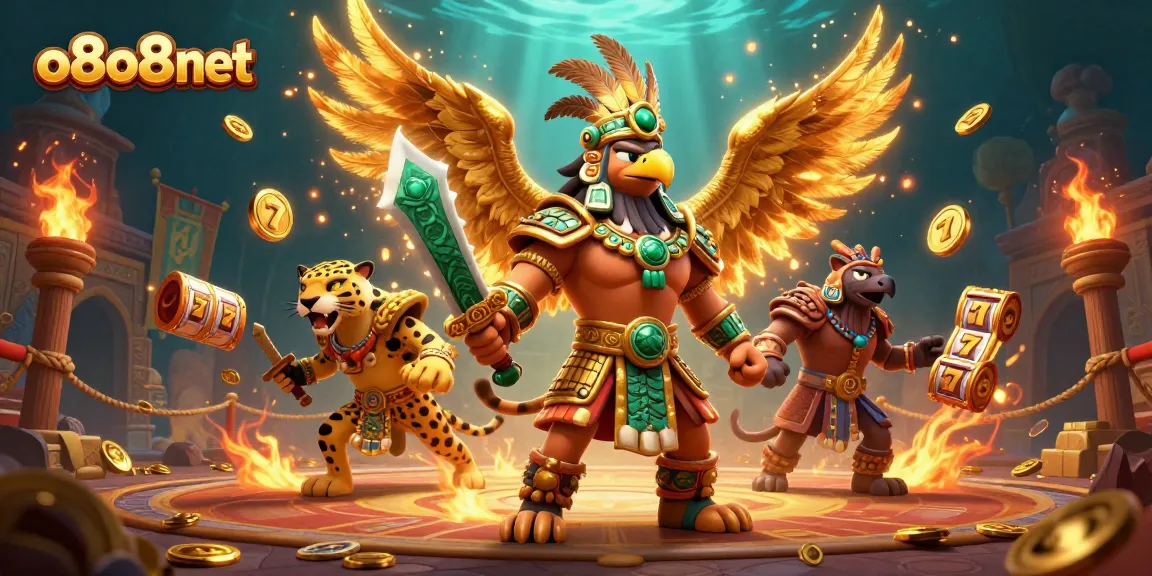 Experience thrilling gameplay at o8o8net with Aztec warriors and casino elements in an action-packed scene.