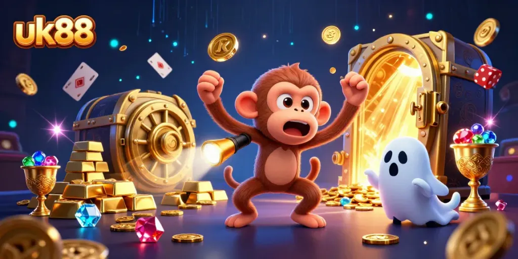 Experience the thrilling world of casino fun with uk88's vibrant 3D illustration featuring playful characters and magical treasures.