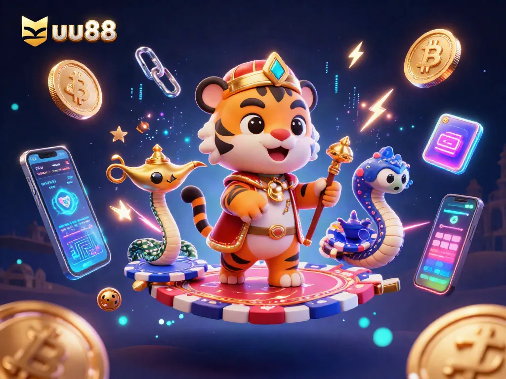 Experience the excitement of uu88 with a dazzling casino-themed scene blending a tiger sultan and crypto elements.