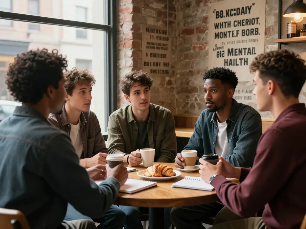 Men gathered at a café for open discussions in a supportive manclub environment.