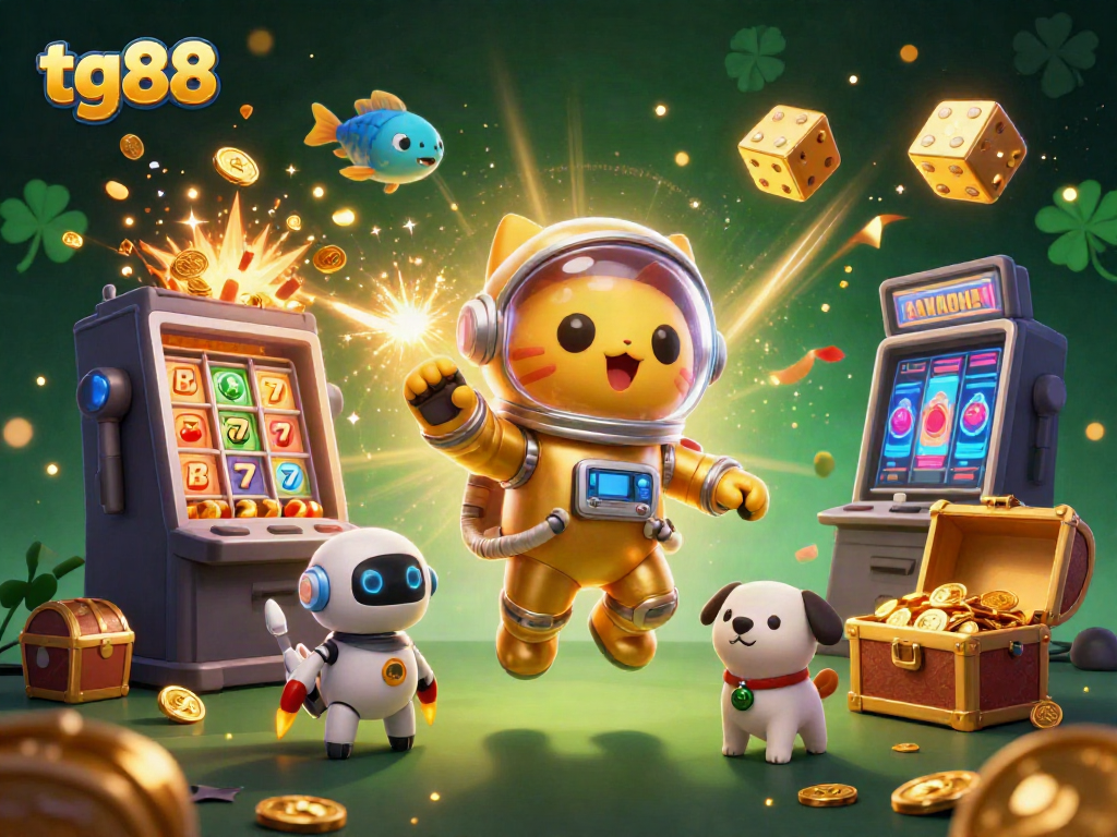 Experience thrilling gameplay with tg88 as a space astronaut cat and robot dog explore a golden slot machine explosion.