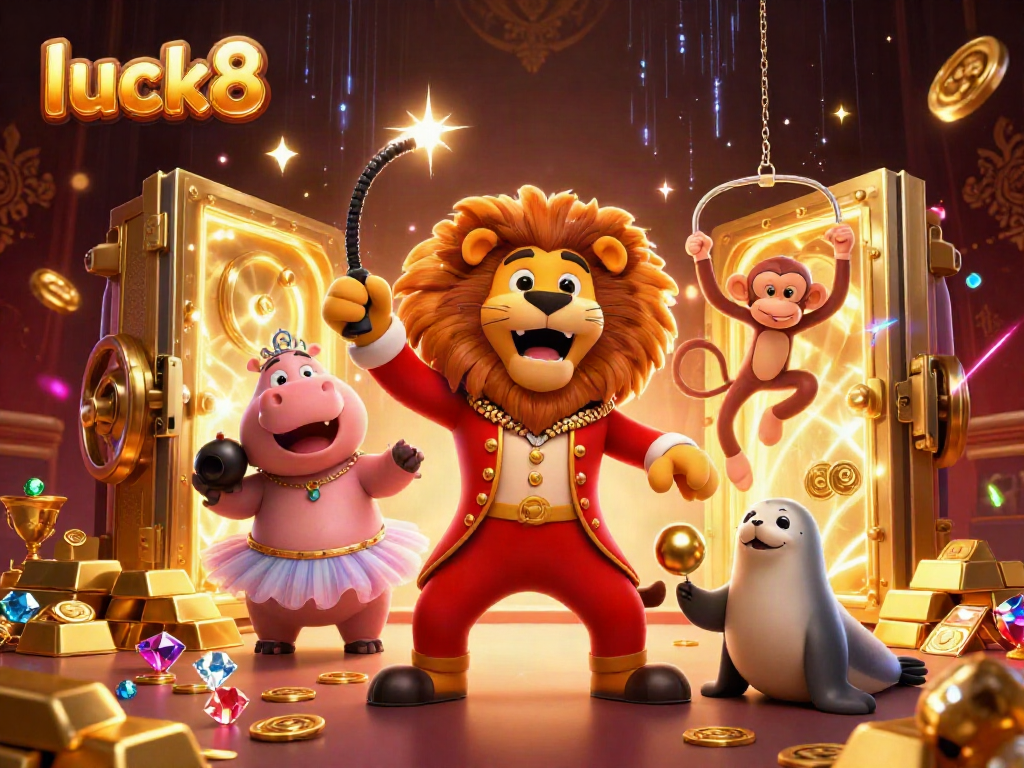 Experience luck8 with vibrant, animated casino fun depicted in a colorful circus-themed environment.
