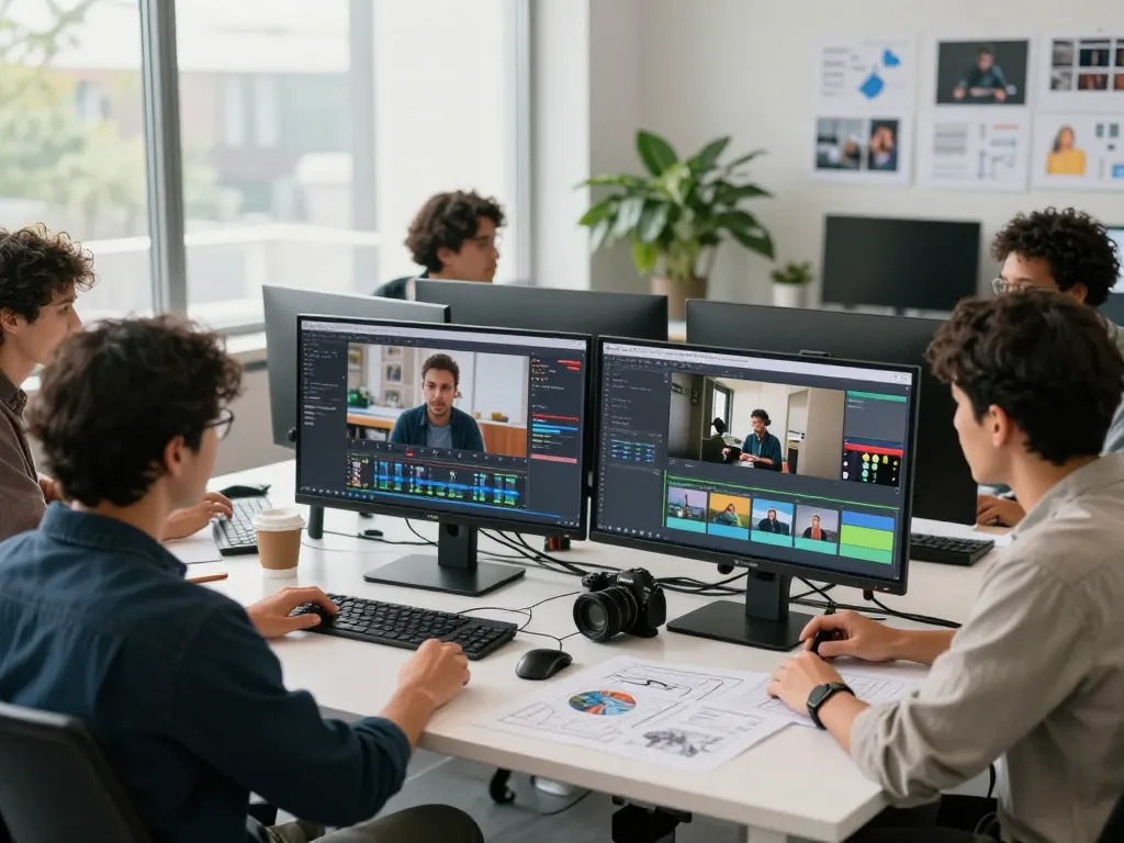 Creative professionals using Seedance AI for advanced video production in a modern workspace.
