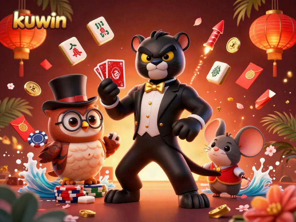 Kuwin platform showcases a vibrant casino scene with a tuxedoed panther dealing cards among festive elements.