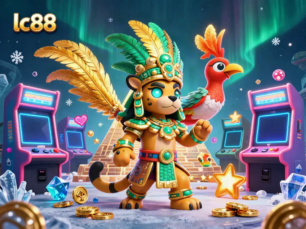 Play casino games at lc88 with 3D cartoon Mayan priest, vibrant arcade elements, and gold accents.