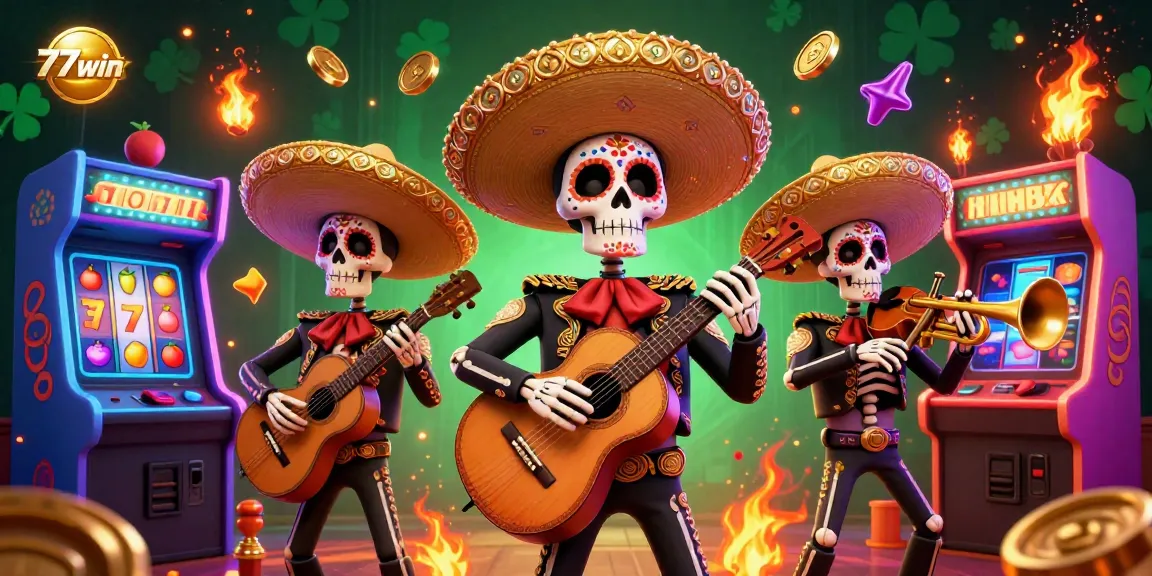 Join the fun at 77win with this vibrant 3D scene featuring a lively mariachi band and casino elements in action.