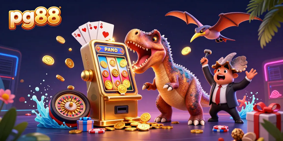 pg88 players headbutting a slot machine for jackpot coins in a vibrant casino scene
